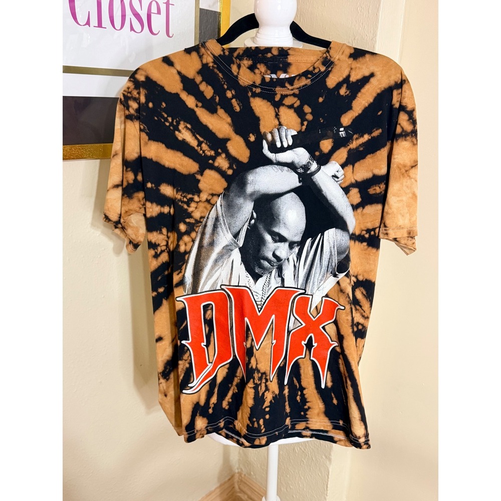 DMX Graphic Tee Mens Medium Bleach Tie Dye Hip Hop Rap T-Shirt‎ Black Orange